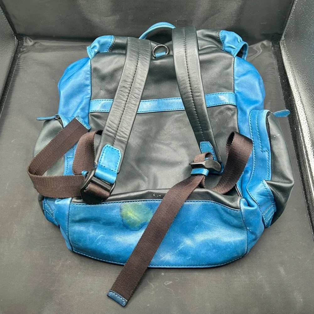 Coach Manhattan Leather Backpack Black Blue Colorblock Buckle Drawstring Bag